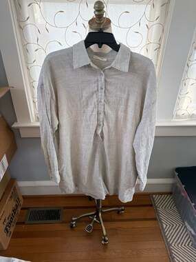 SOLAÍ Striped Linen-Blend Long Sleeve Button-Up Romper
